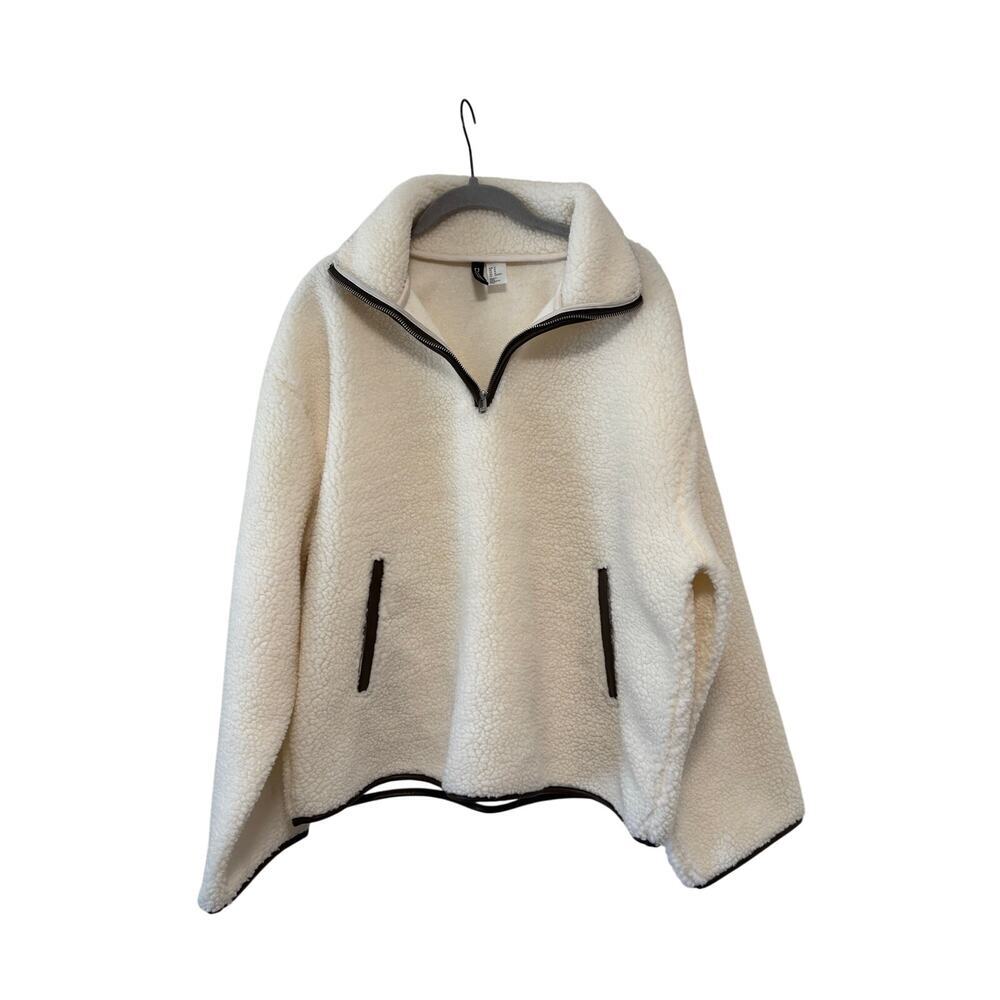 H&M Divided Teddy Fleece Pullover Medium Ivory Sherpa 1/4 Zip Cozy Jacket - Picture 2 of 9